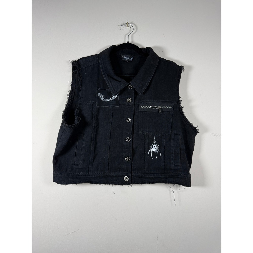Widow Black Denim Vest 2X Gothic Punk Distressed Pentagram Demon Embroidered